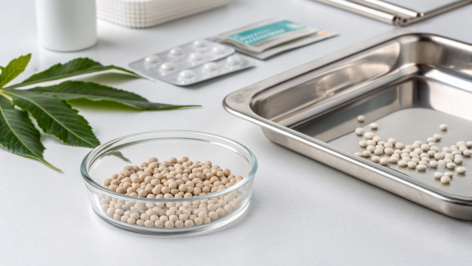 Pellets hormonais em recipiente de vidro sobre bandeja clínica — reposição hormonal feminina em Goiânia na ICL Saúde