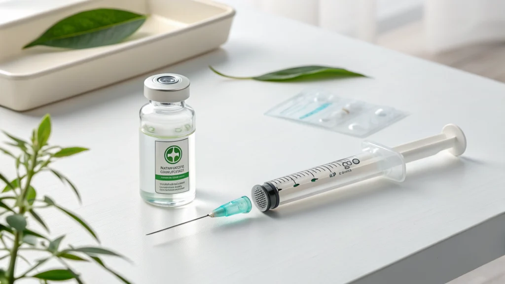 Frasco de medicação hormonal e seringa sobre mesa clínica branca